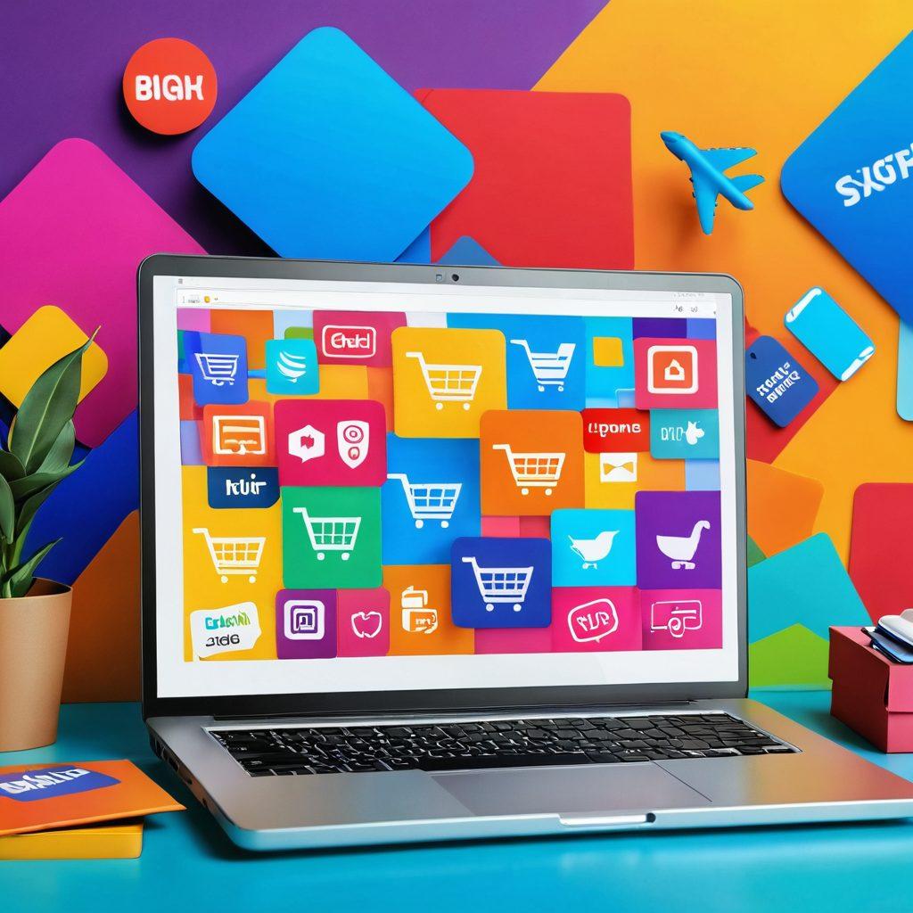 A vibrant collage showcasing diverse online shopping elements, including a laptop displaying a secure checkout page, colorful discount tags, and a shopping cart filled with trendy products. In the background, a digital landscape features dynamic images of popular e-commerce platforms and social media ads, reflecting a seamless online shopping experience. The scene should be bright and engaging, inviting viewers to explore the digital marketplace. super-realistic. vibrant colors. 3D.