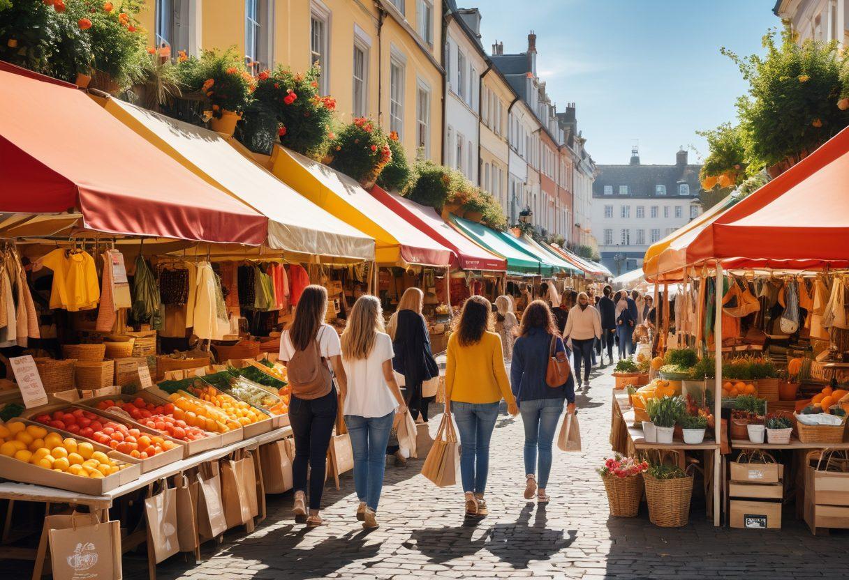 A visually appealing marketplace scene filled with shoppers happily exploring various stalls filled with clearance items and discounts. Include vibrant price tags displaying sales, a mix of fruits, clothing, and home goods, with a warm, inviting atmosphere. Show a savvy shopper with a calculator, actively comparing prices. Bright sunshine and bustling energy to evoke a sense of smart shopping and savings. vibrant colors. super-realistic.